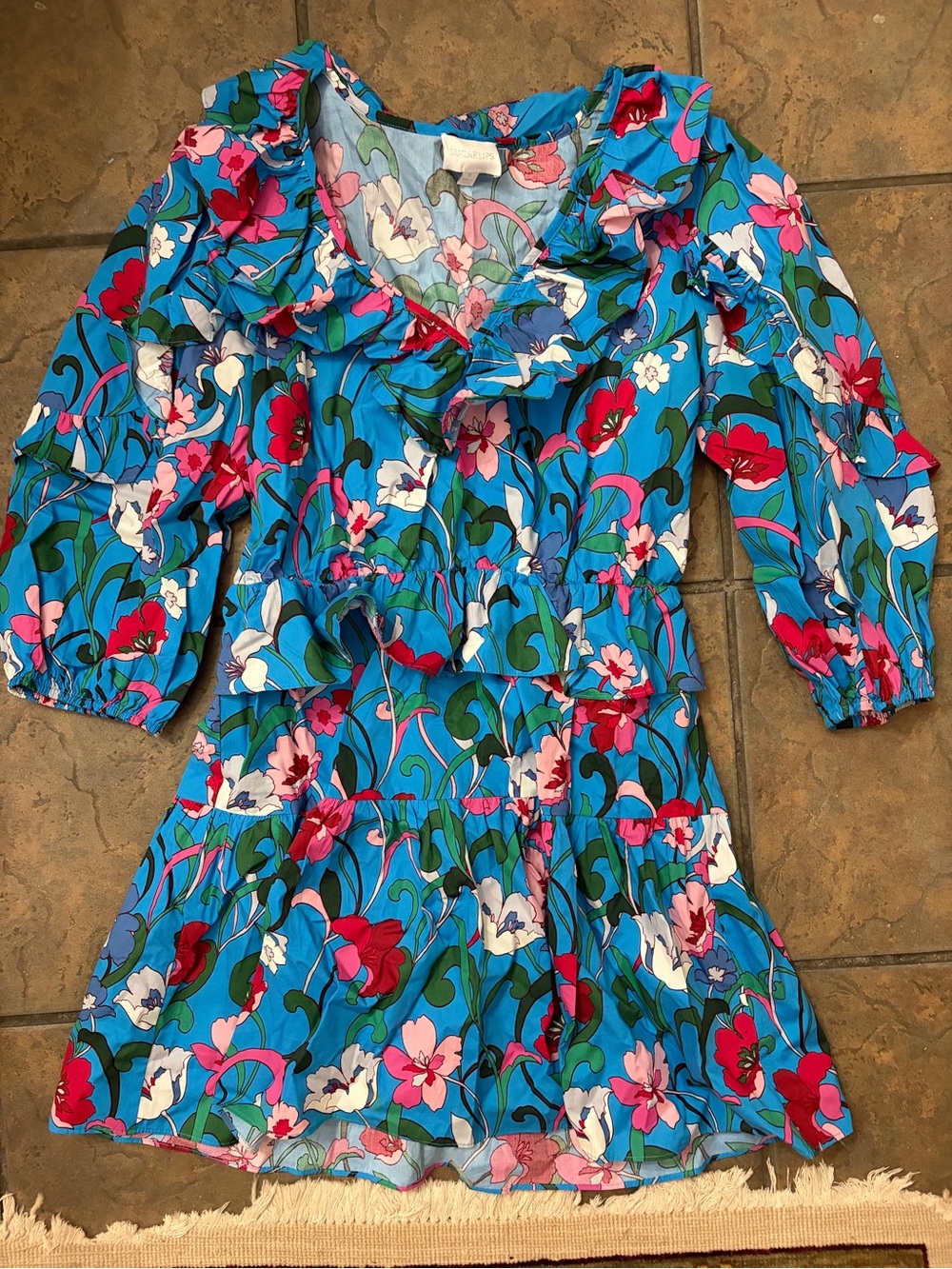 Sugarlips Blue Floral Ruffle Tiered Mini Dress Size M